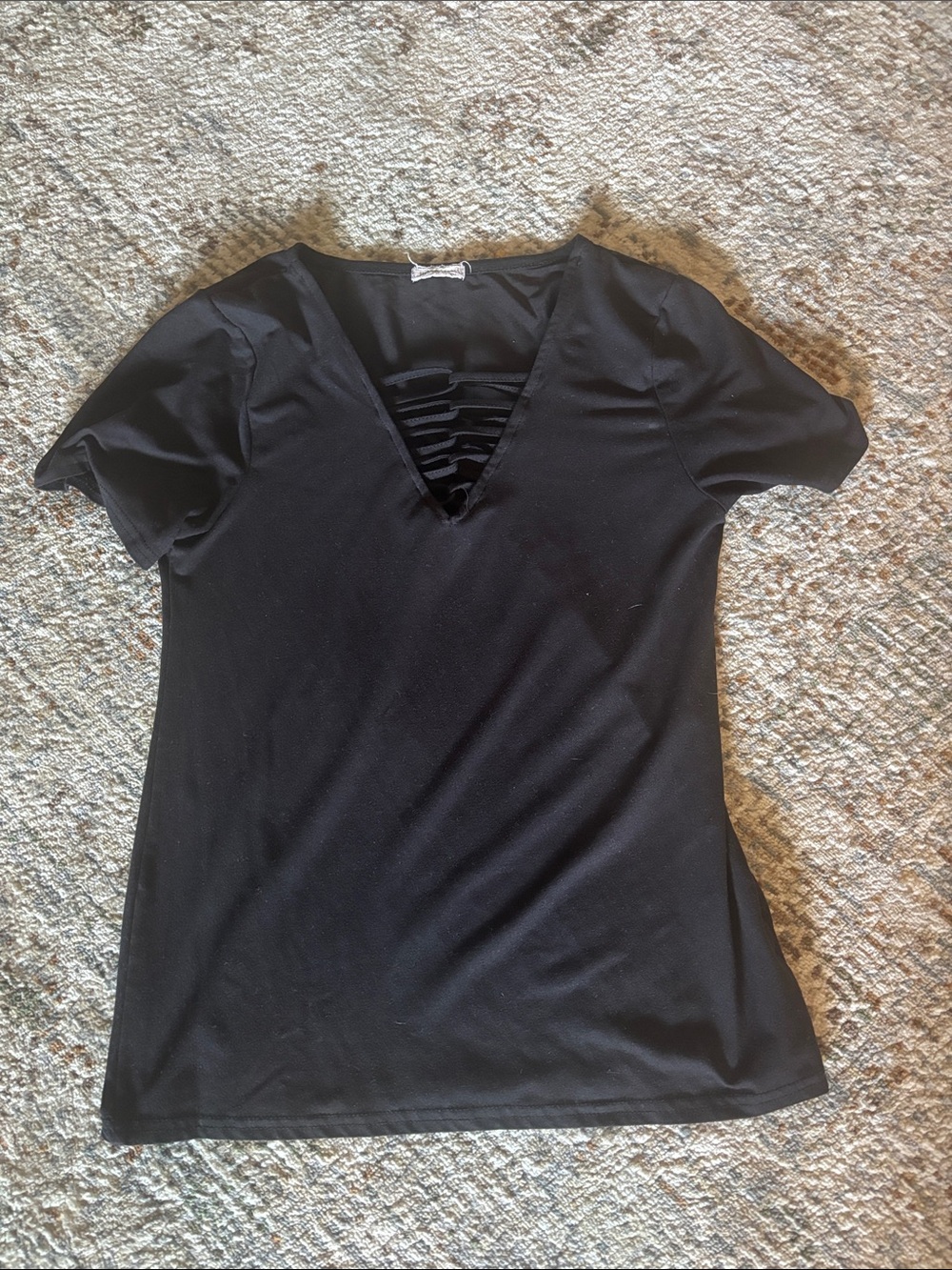 V-Neck Short Sleeve Black Ladder-Detail Tee